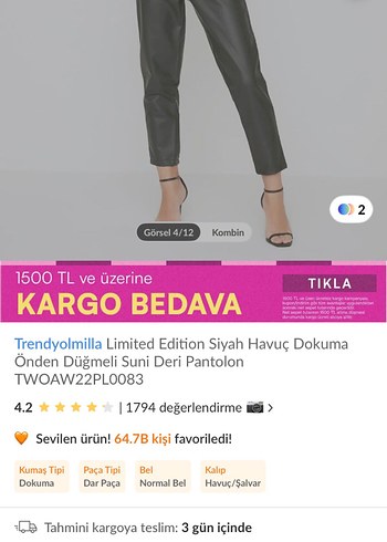 Deri Siyah Kadın Kemerli Cigarette Pantolon - Görsel 2