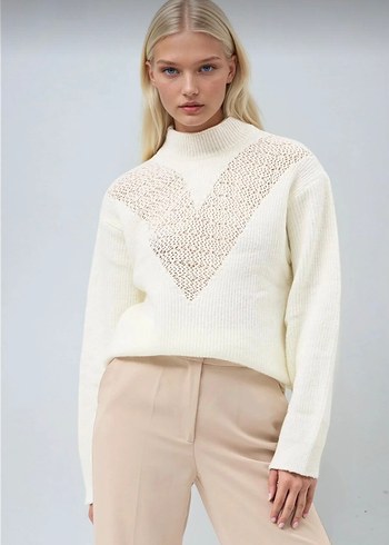 Ajurlu ekru triko kazak - Görsel 5