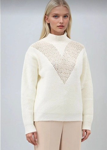 Ajurlu ekru triko kazak - Görsel 2