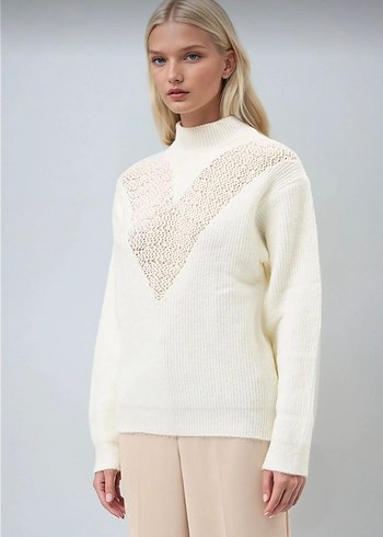 Ajurlu ekru triko kazak - Görsel 3