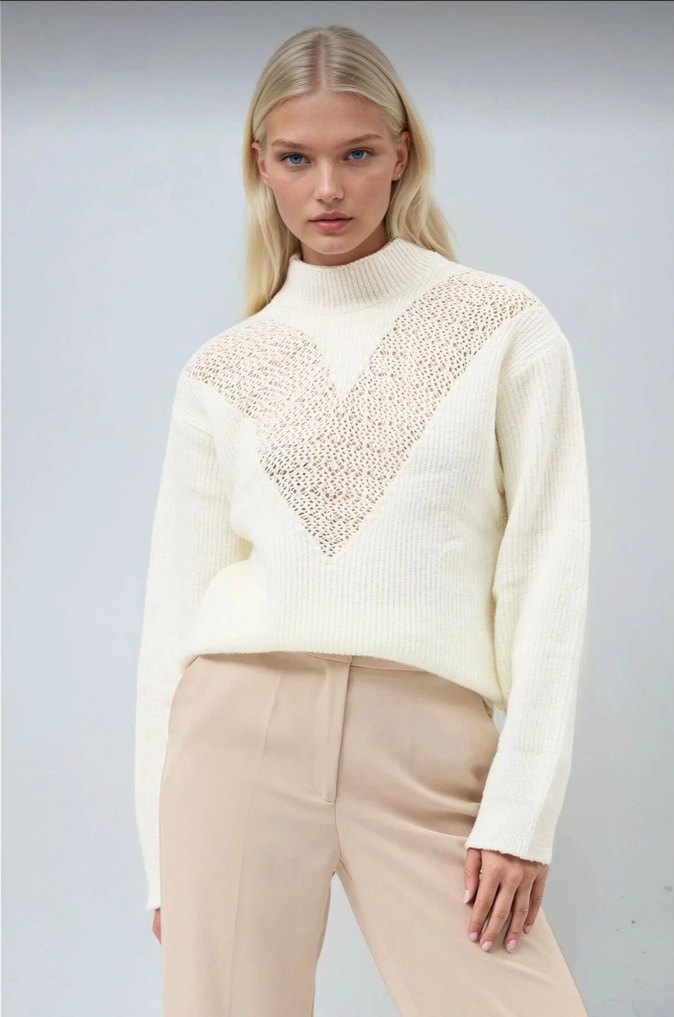 Ajurlu ekru triko kazak - Görsel 5
