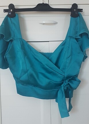 Mavi saten krep kumaş crop top büstiyer 