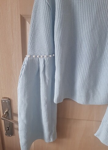 İnci detaylı mavi balıkçı yaka fitilli triko kazak - Görsel 2