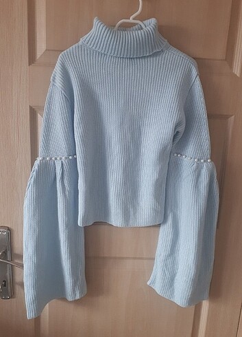 İnci detaylı mavi balıkçı yaka fitilli triko kazak - Görsel 4