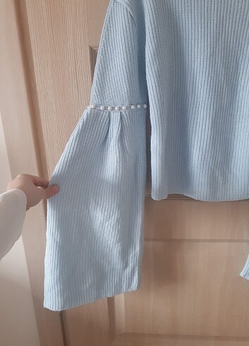 İnci detaylı mavi balıkçı yaka fitilli triko kazak - Görsel 3