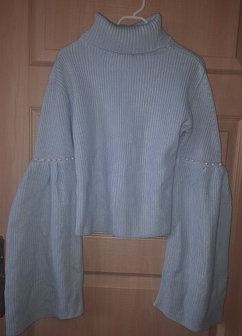 İnci detaylı mavi balıkçı yaka fitilli triko kazak - Görsel 6