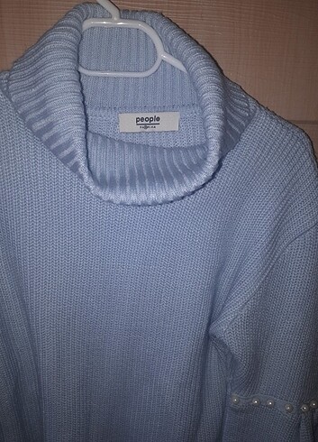 İnci detaylı mavi balıkçı yaka fitilli triko kazak - Görsel 5