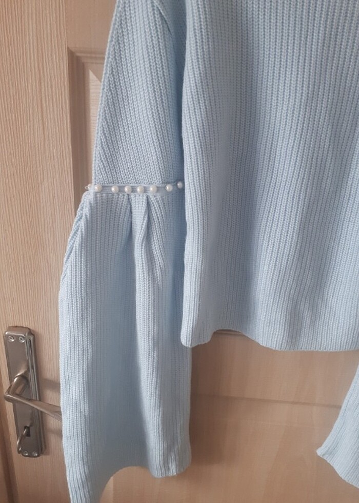 İnci detaylı mavi balıkçı yaka fitilli triko kazak - Görsel 2