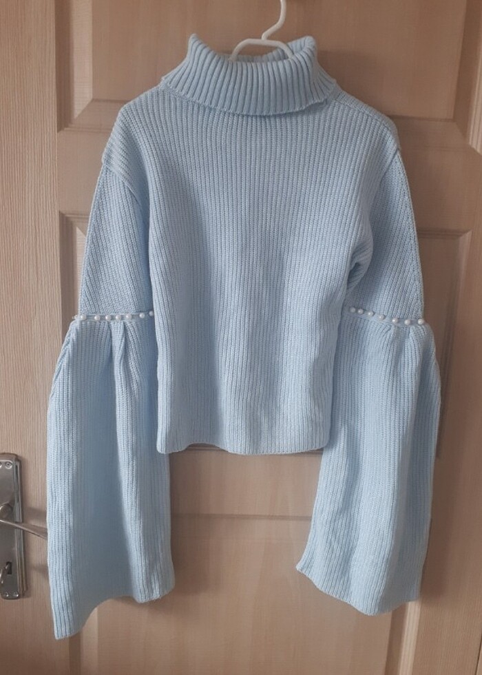 İnci detaylı mavi balıkçı yaka fitilli triko kazak - Görsel 4