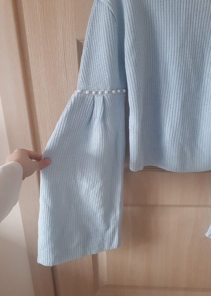 İnci detaylı mavi balıkçı yaka fitilli triko kazak - Görsel 3