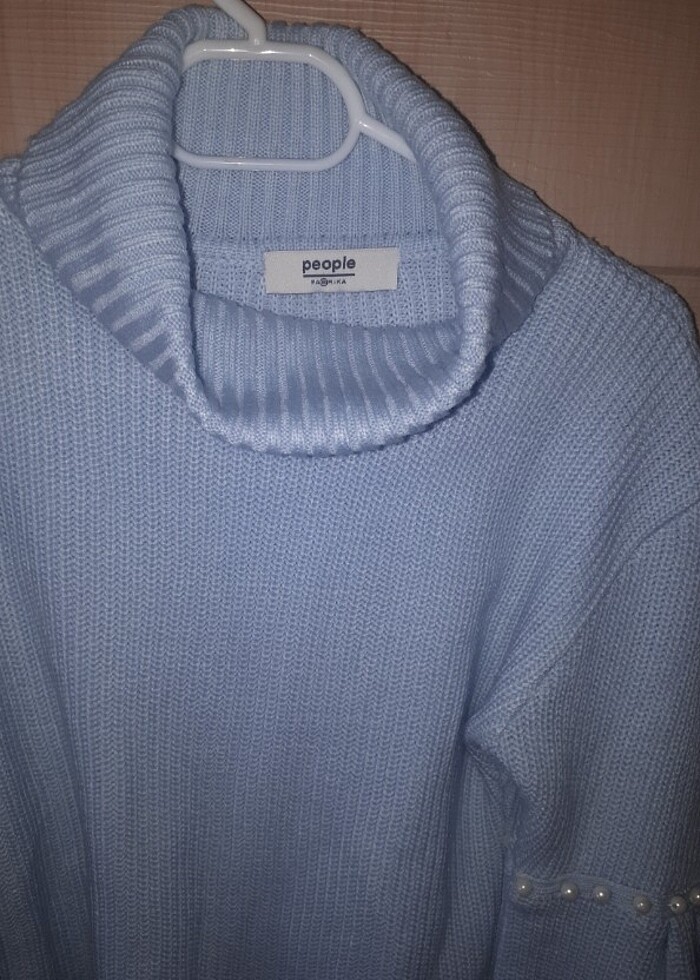 İnci detaylı mavi balıkçı yaka fitilli triko kazak - Görsel 5