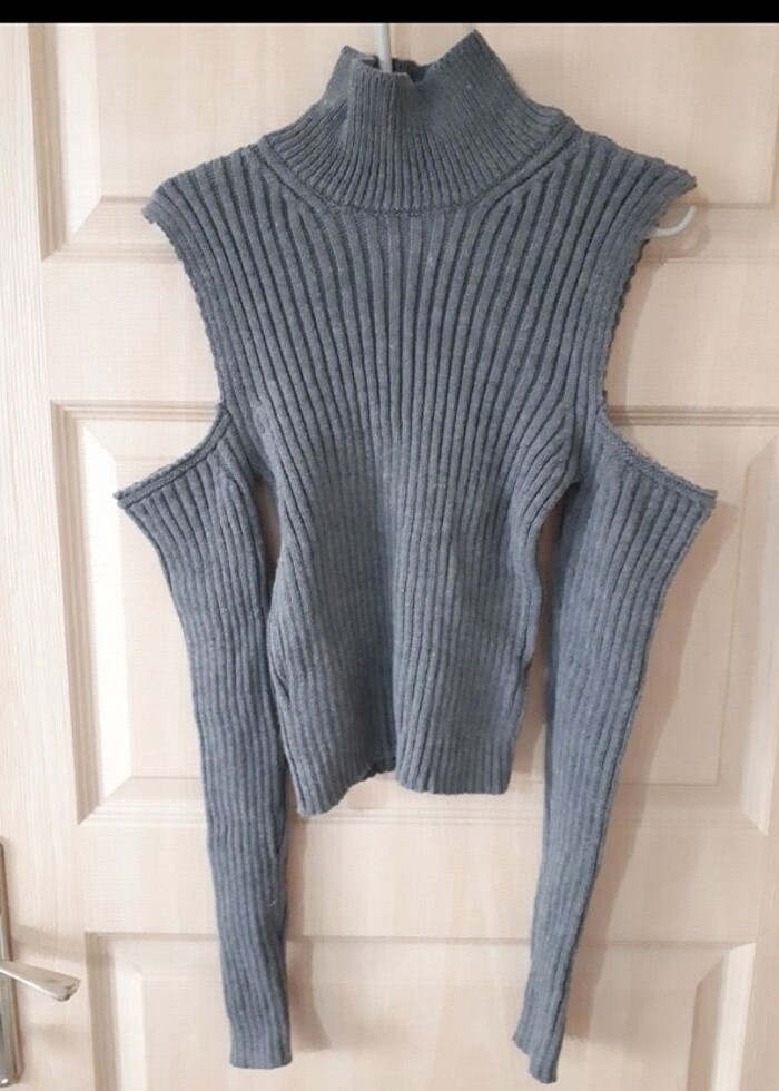 Bayan gri fitilli triko kazak - Görsel 2