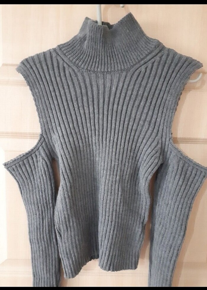 Bayan gri fitilli triko kazak - Görsel 4