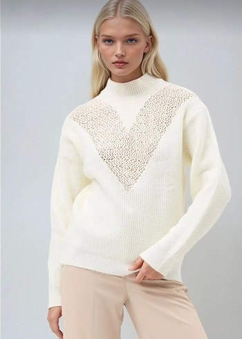 Ajurlu ekru triko kazak - Görsel 4
