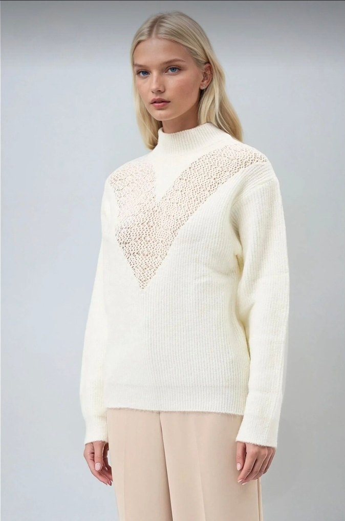 Ajurlu ekru triko kazak - Görsel 3