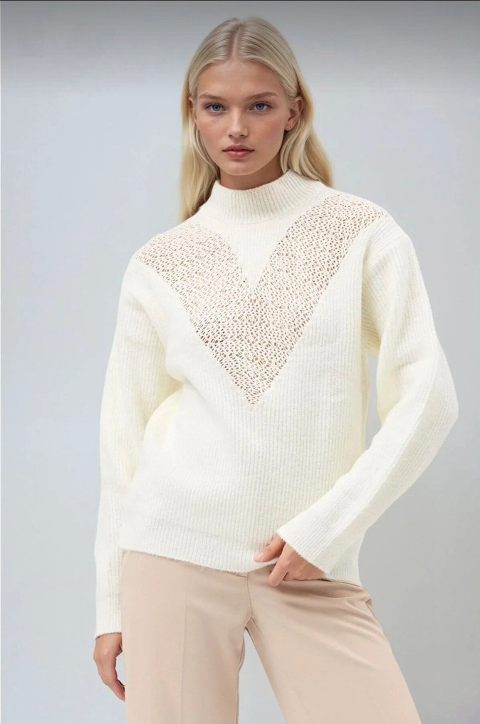 Ajurlu ekru triko kazak - Görsel 4