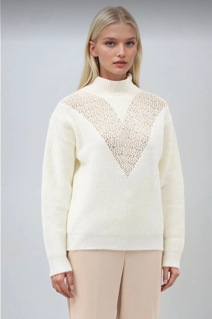 Ajurlu ekru triko kazak - Görsel 2