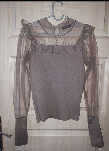 Vizon rengi tüllü ince triko kazak - Görsel 2