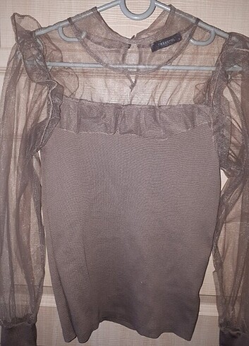 Vizon rengi tüllü ince triko kazak - Görsel 3