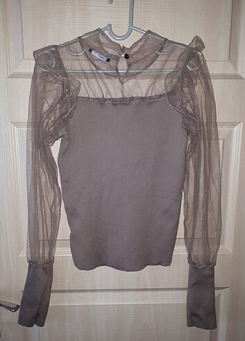 Vizon rengi tüllü ince triko kazak - Görsel 5