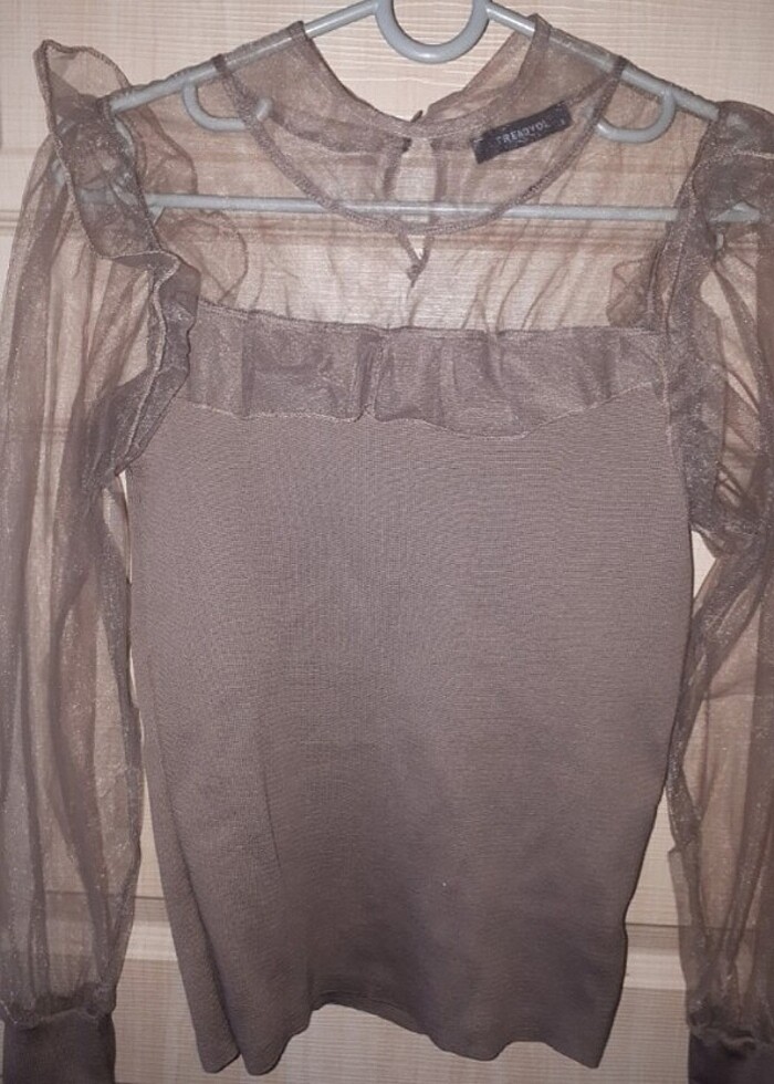 Vizon rengi tüllü ince triko kazak - Görsel 3