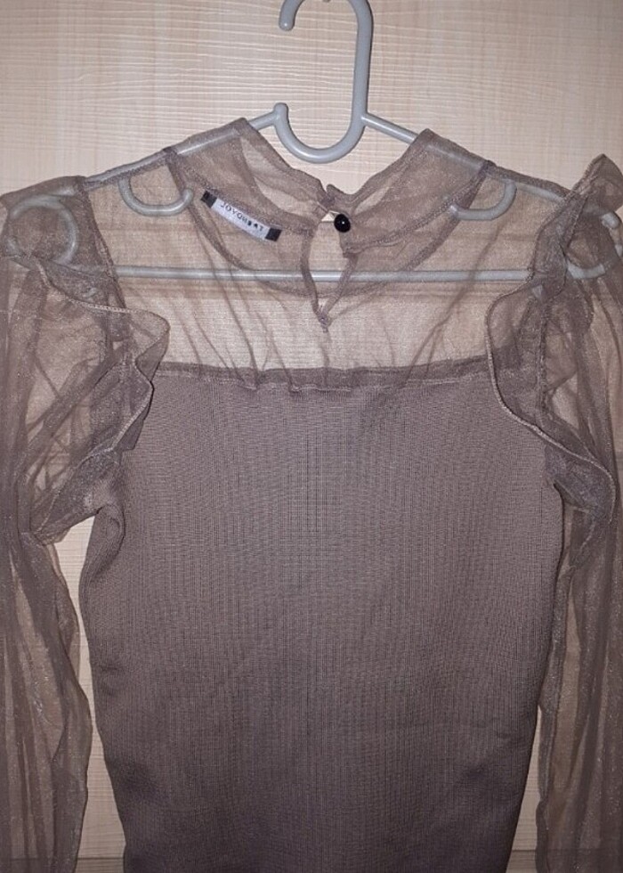 Vizon rengi tüllü ince triko kazak - Görsel 4