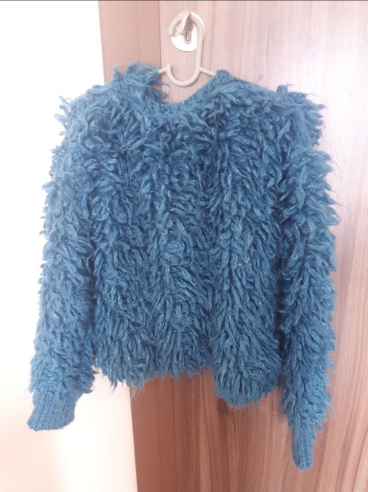 Mavi kalın kıvırcık tüylü ceket - Görsel 3