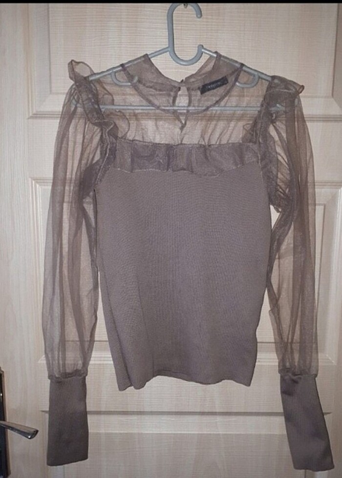 Vizon rengi tüllü ince triko kazak - Görsel 2