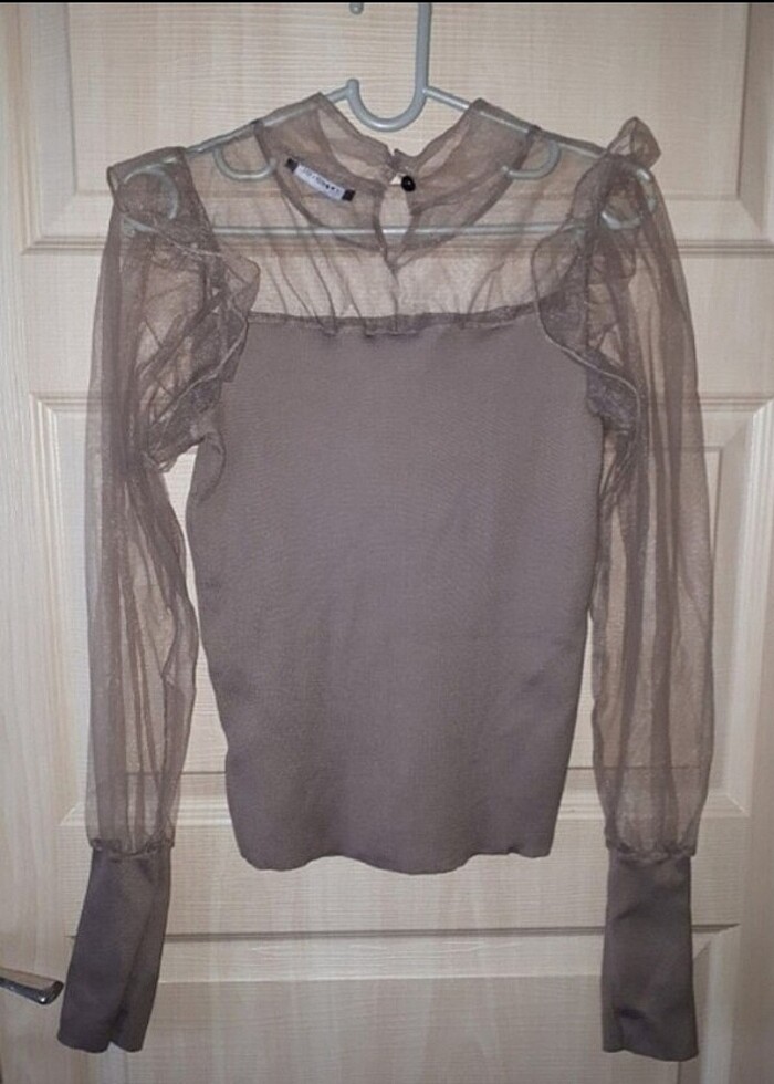 Vizon rengi tüllü ince triko kazak - Görsel 5