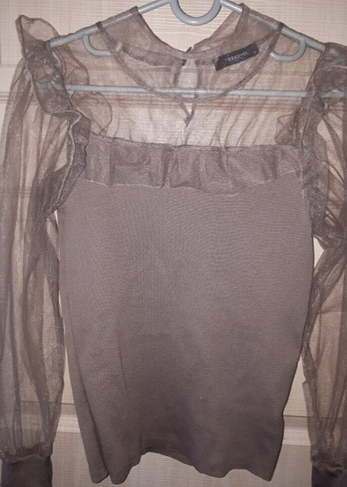 Vizon rengi tüllü ince triko kazak - Görsel 3