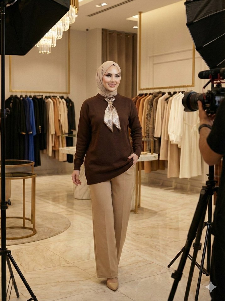 Uzun Kollu, Yüksek Yakalı Kahverengi Şal Detaylı Kazak - Görsel 3