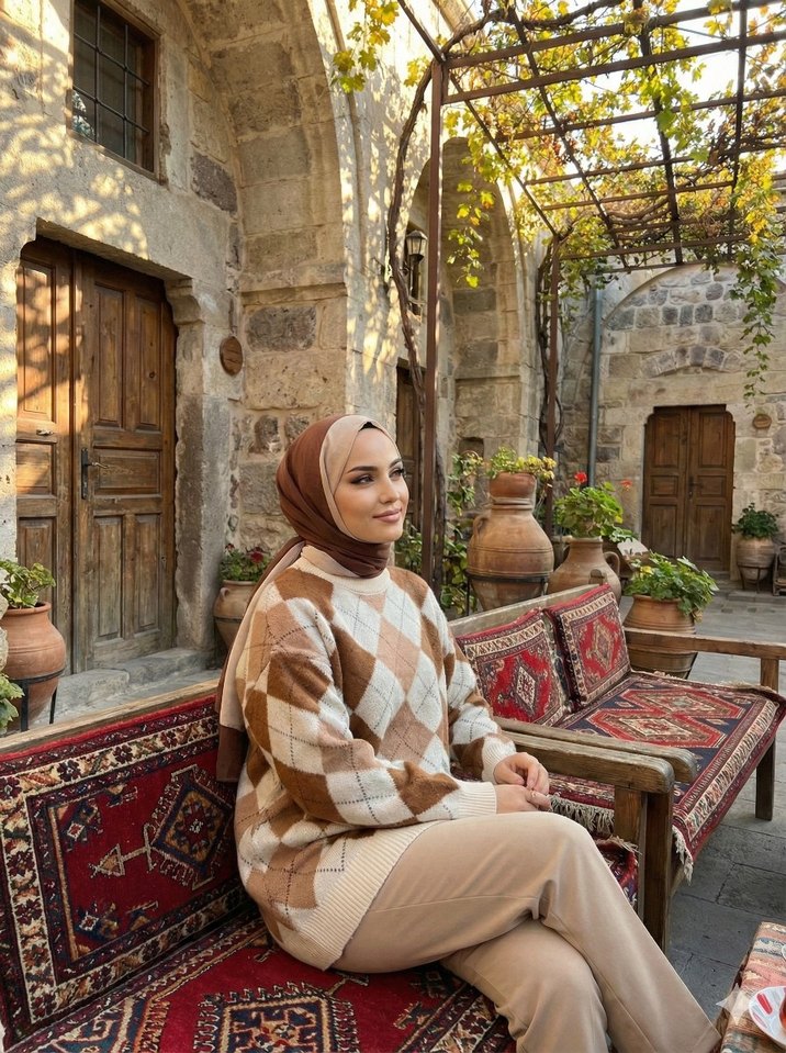 Bohem Tarzı Camel Renkli Örgü Kazak - Görsel 2