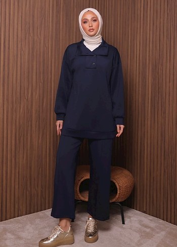Lacivert Uzun Kollu Midi Scuba Kadın Takım - Görsel 2