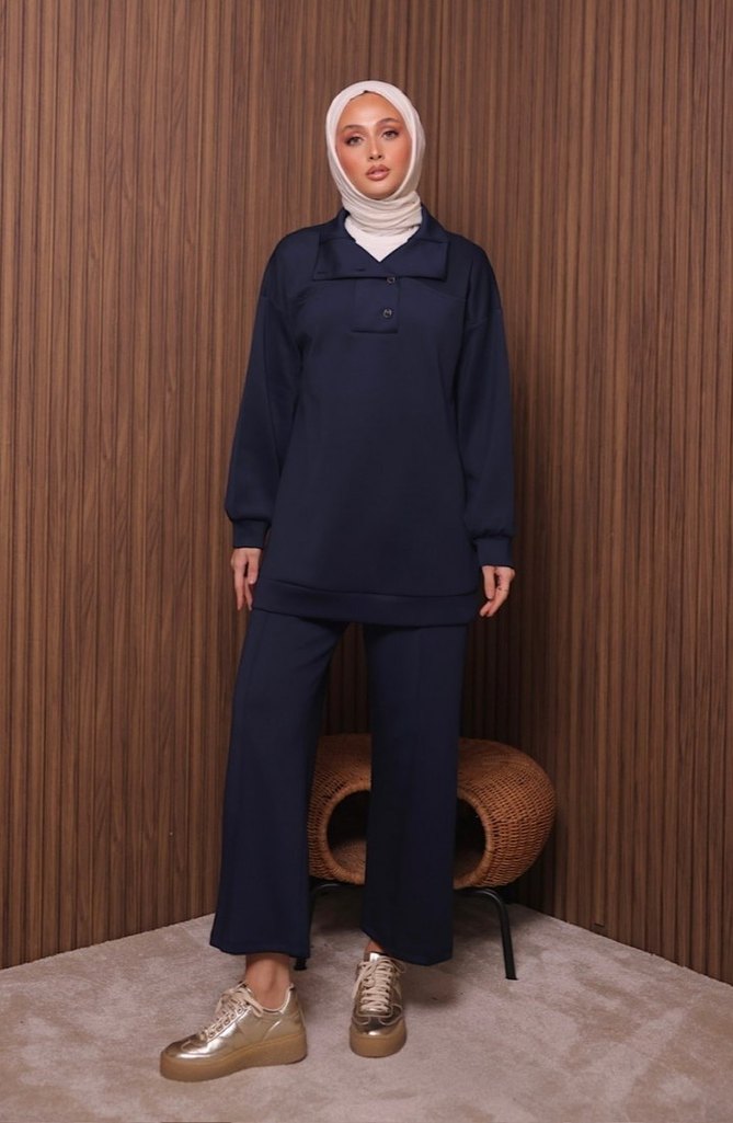 Lacivert Uzun Kollu Midi Scuba Kadın Takım - Görsel 2
