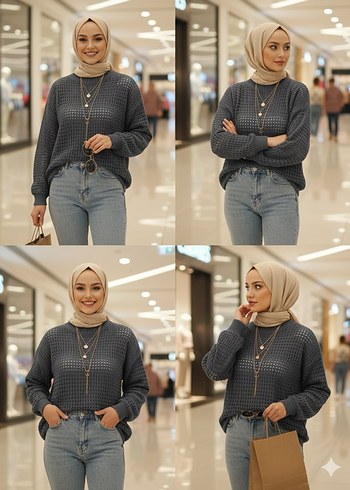 Gri Örgü Triko Kadın Kazak - Görsel 2