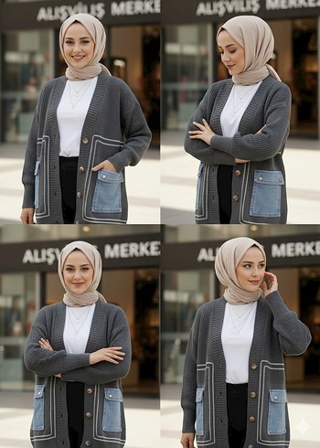 Gri Midi Triko Hırka Denim Cep Detaylı - Görsel 2