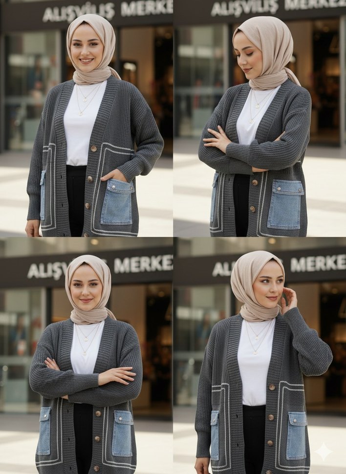 Gri Midi Triko Hırka Denim Cep Detaylı - Görsel 2