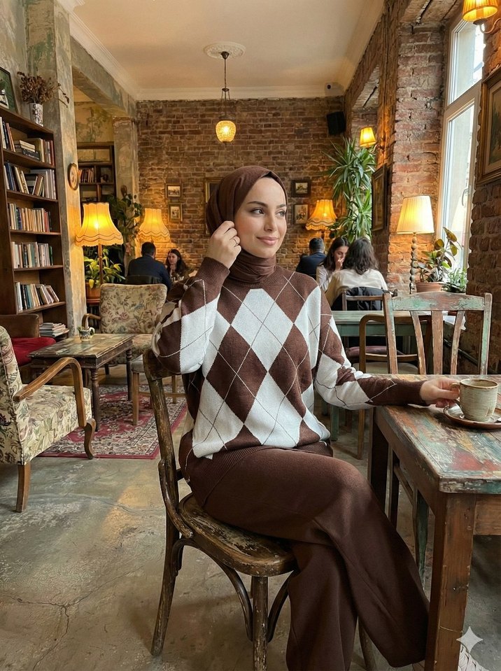 Bohem Tarz Uzun Kahverengi Triko Kazak - Görsel 2