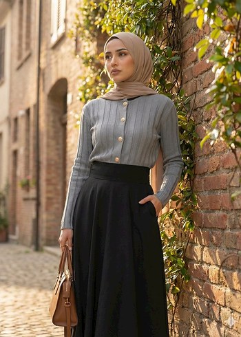 Gri Pilili Uzun Kollu Kadın Hırka - Görsel 2