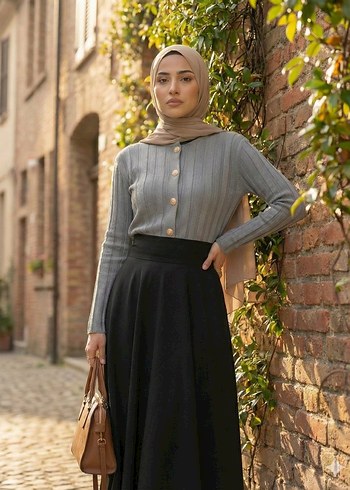 Gri Pilili Uzun Kollu Kadın Hırka - Görsel 3