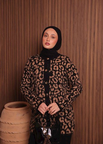 Leopar Desenli Kadın Triko Hırka - Görsel 2