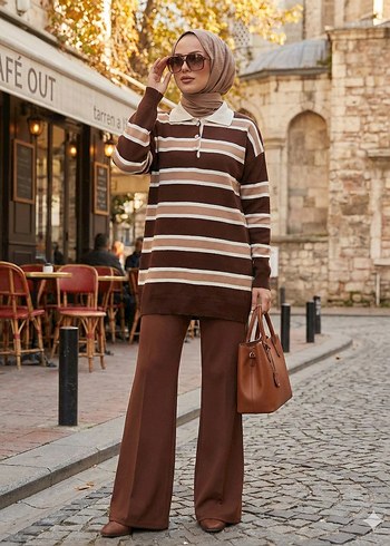 Kadın Camel Renk Çizgili Triko Tunik - Görsel 2