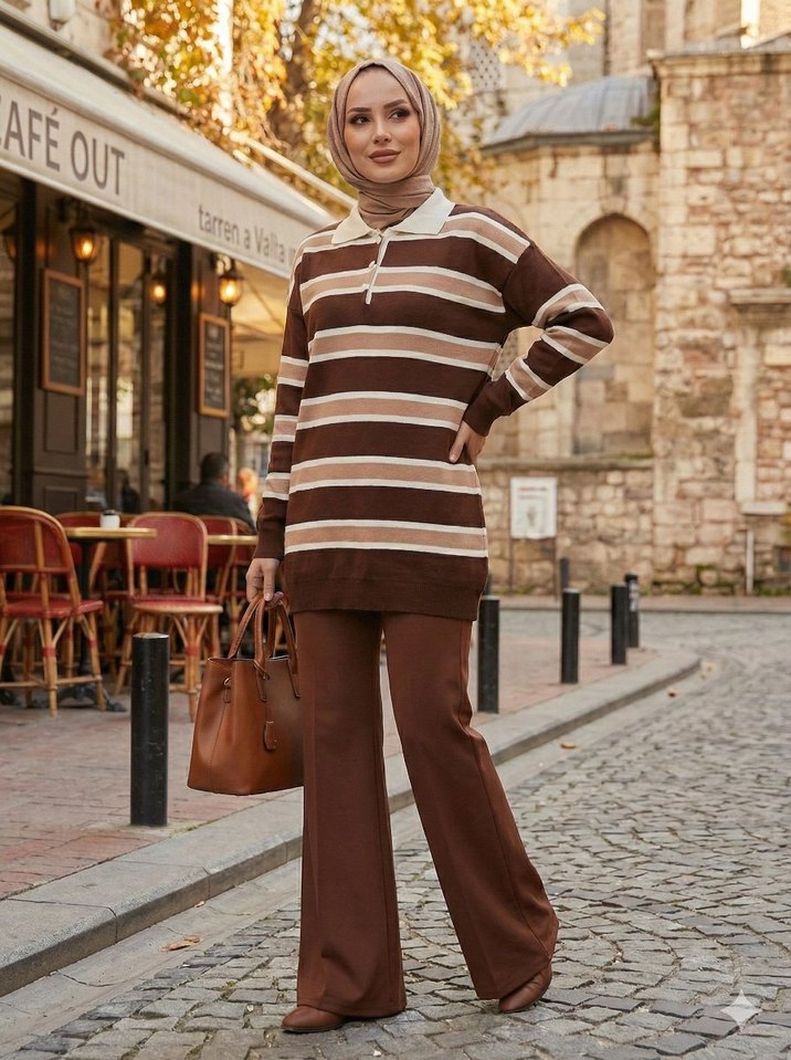 Kadın Camel Renk Çizgili Triko Tunik - Görsel 3