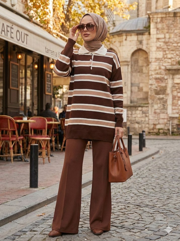 Kadın Camel Renk Çizgili Triko Tunik - Görsel 2