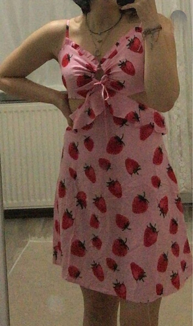 Pembe Çilek Desenli Mini Elbise - Görsel 2