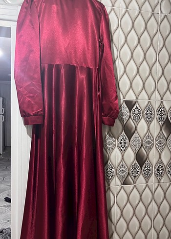 Abiye Bordo Saten Uzun Elbise