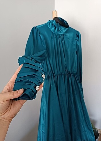 Manuka saten abiye elbise petrol mavisi 