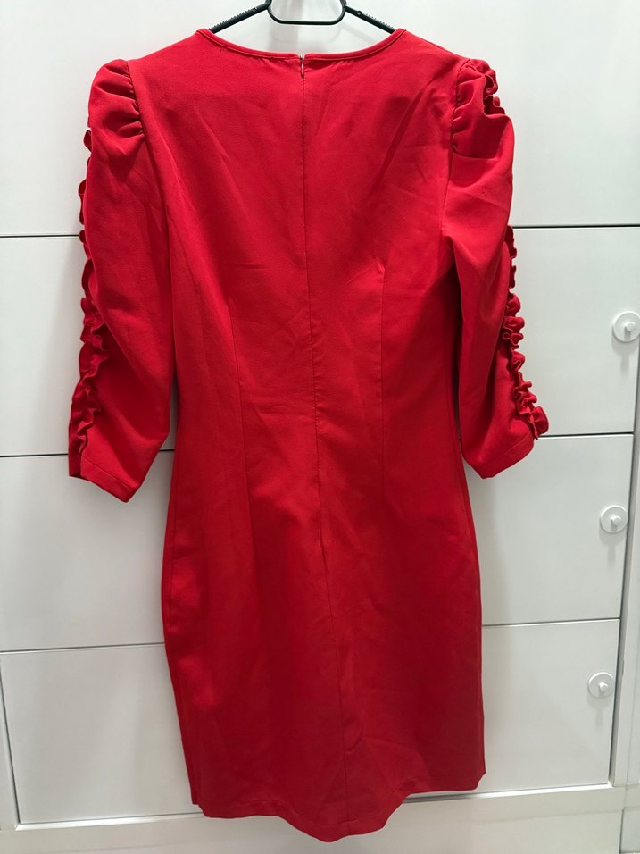 Kırmızı V Yakalı Drapeli Midi Elbise - Görsel 3