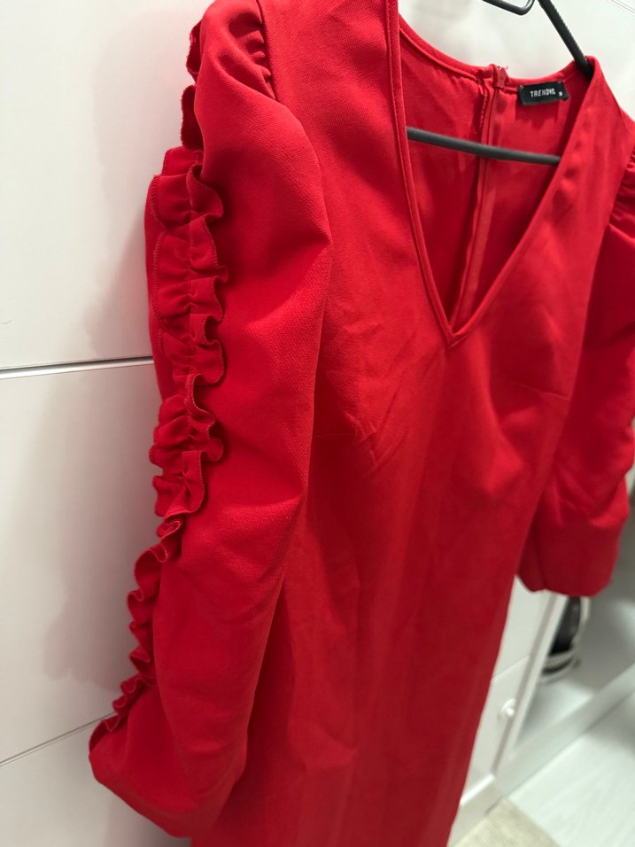 Kırmızı V Yakalı Drapeli Midi Elbise - Görsel 2