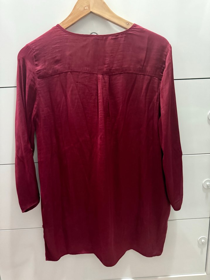 Bordo V Yaka Uzun Kollu Saten Gömlek - Görsel 3